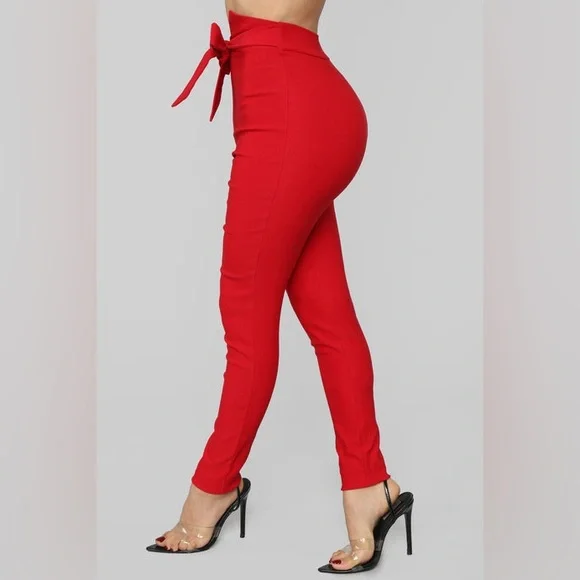 Fashion Nova Red Skinny Pants with Bow Detail - Picture 6 of 10